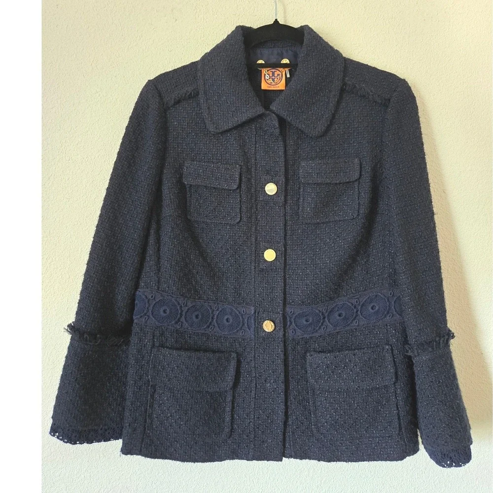 Tory Burch Navy Blue Tweed Lace Trim Jacket Gold Buttons 8  Womens Boucle Blazer - Picture 13 of 13